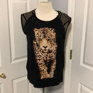 Black leopard T-shirt with gold embellishments